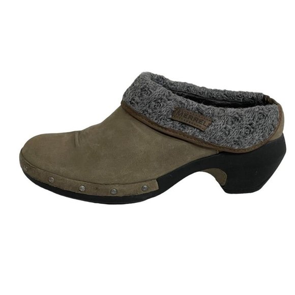 Merrell Shoes - Merrell DRIZZLE Womens Size 8 Slip On Suede Leather Mule Clogs Knit Trim Warm